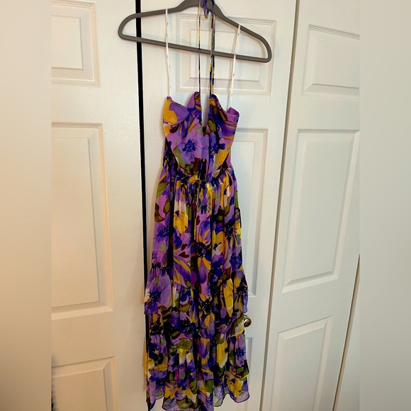 Lulus Vividly Vibing Purple Floral Tiered Cutout Halter Midi Dress - Picture 3 of 3